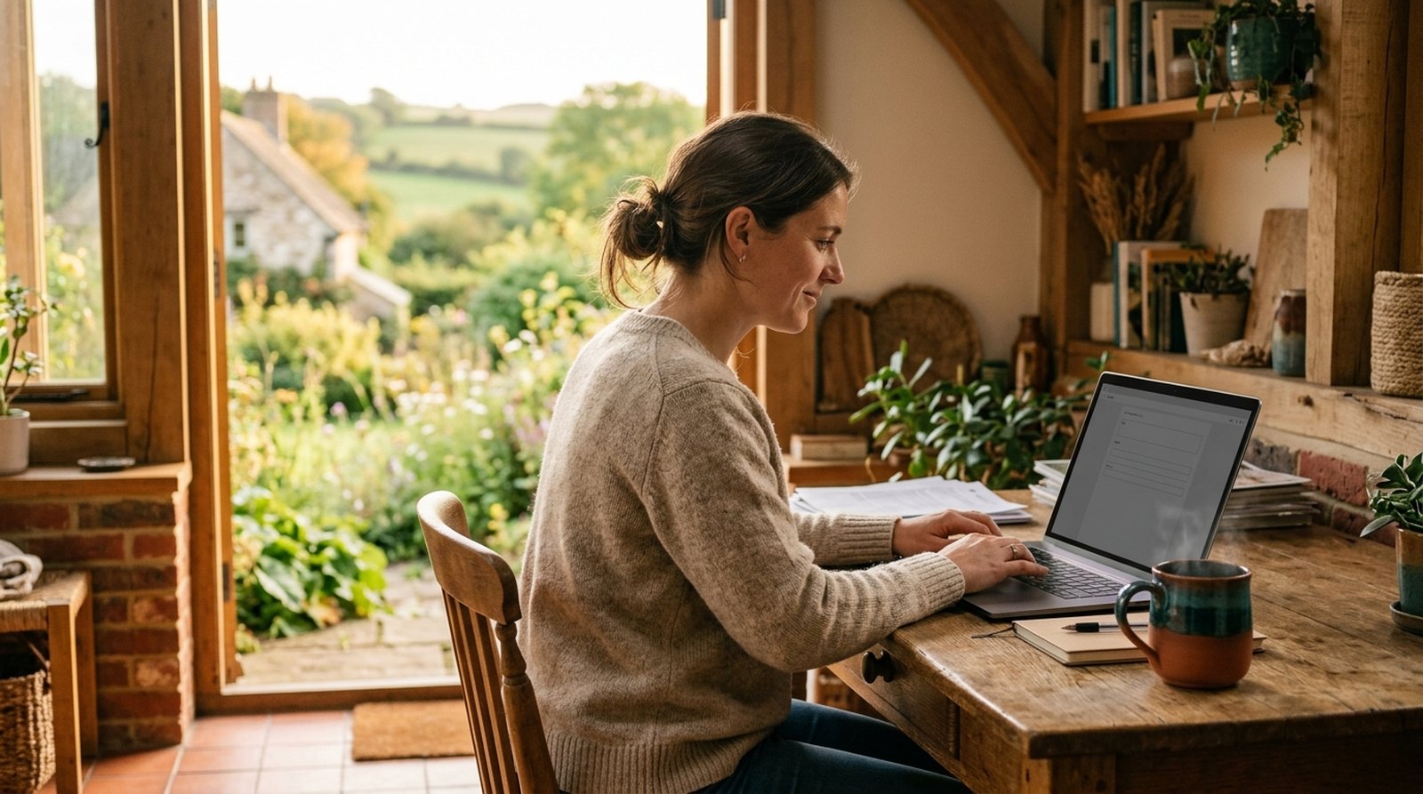 Business owner setting up an email newsletter on a laptop