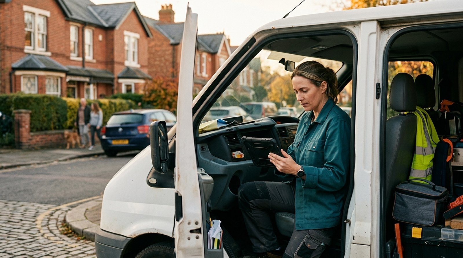 Tradesperson checking job bookings in a CRM app on a tablet