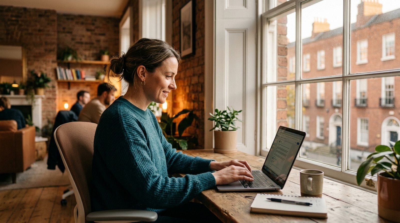 Professional writing a LinkedIn post in a Dublin co-working space