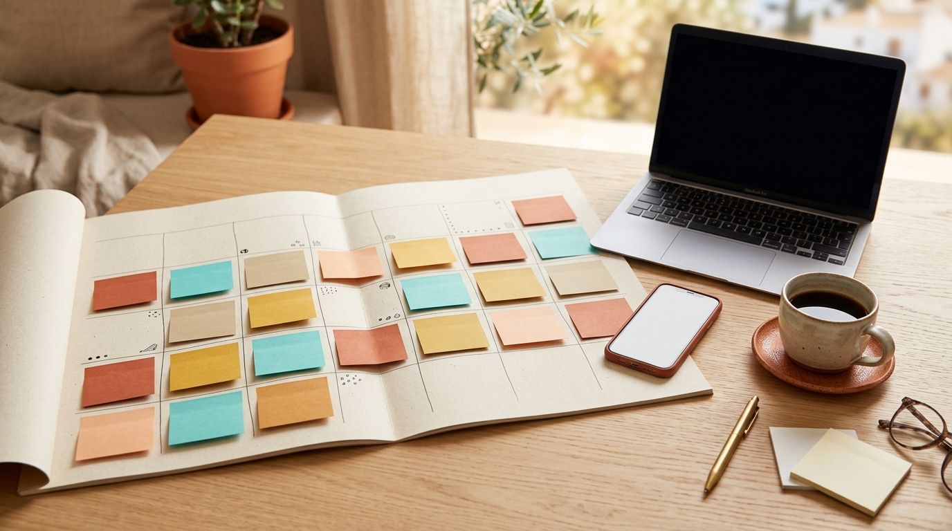 A monthly social media content plan on a desk