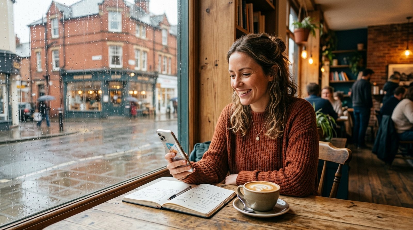 Café owner on a British high street planning social media posts on a phone