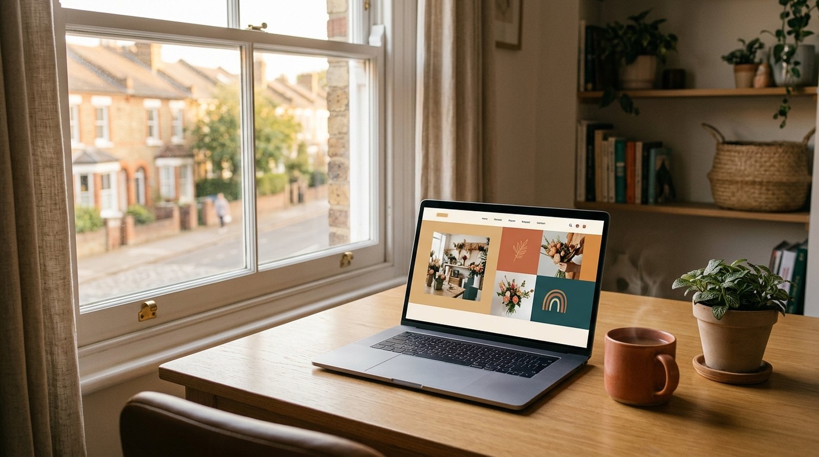 Laptop on a desk in a UK home office showing a small business website