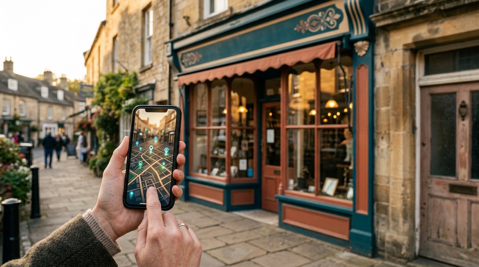 Phone showing a local business on a map in front of a British shopfront