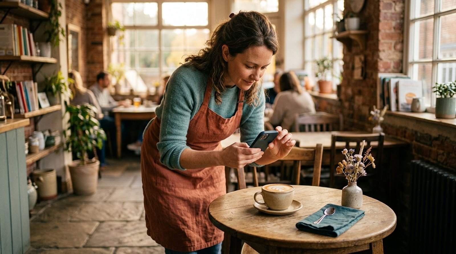 Café owner photographing a coffee for social media