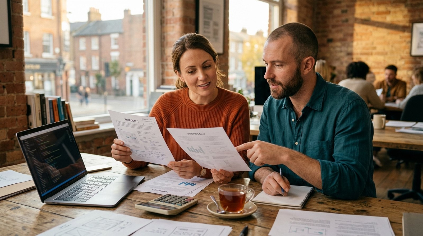 Business owner comparing website proposals with a web designer