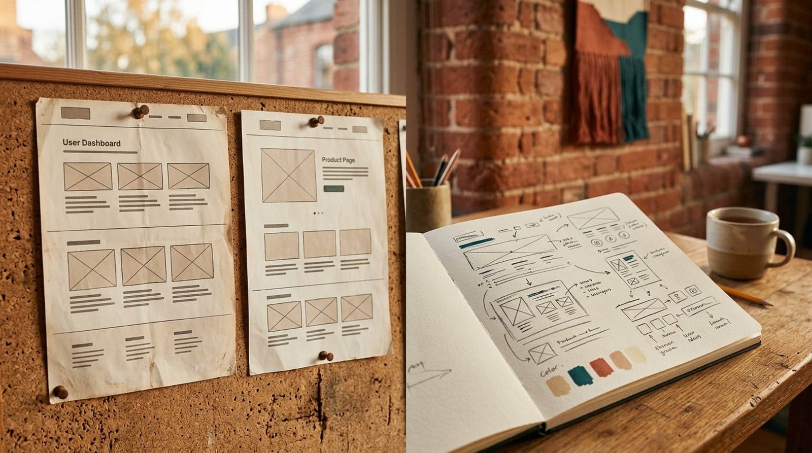 Old website wireframes next to redesign sketches
