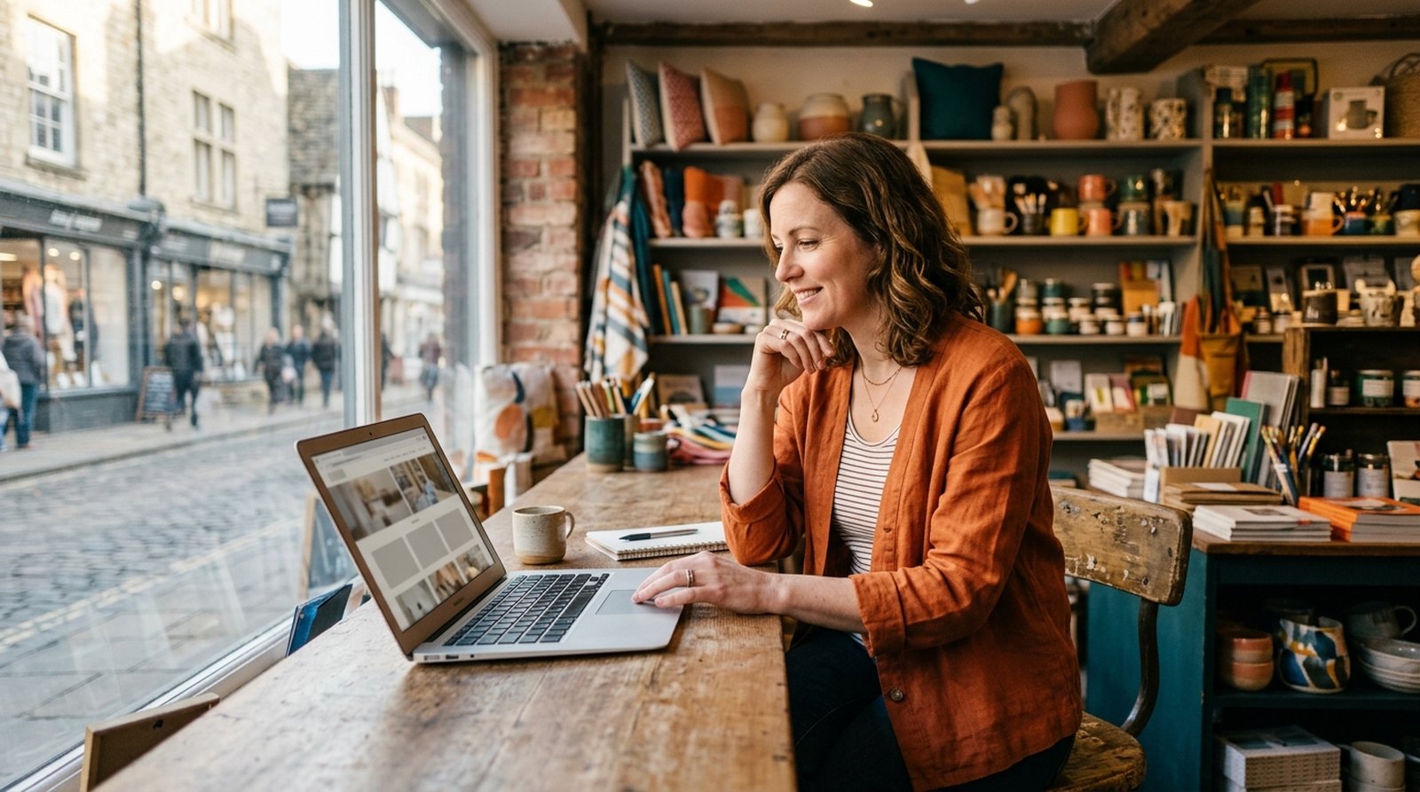 Shop owner reviewing her small business website on a laptop